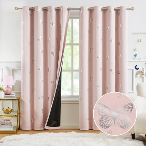 Jubilantex Pink Silver Butterfly Blackout Curtains 84 Inches Long for Bedroom Kids Bedroom Nursery Floral Print Window Curtains Grommet Top,2 Panels
