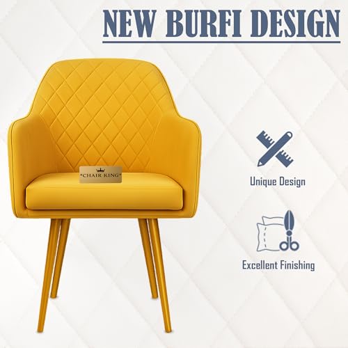 Image of Barfi Velvet Dining Chair | Set of 2 Premium Modern Upholstered Accent Chair with Armrest, Padded Seat and Metal Legs | Comfy Chair for Home, Office & Restaurents | (Yellow)