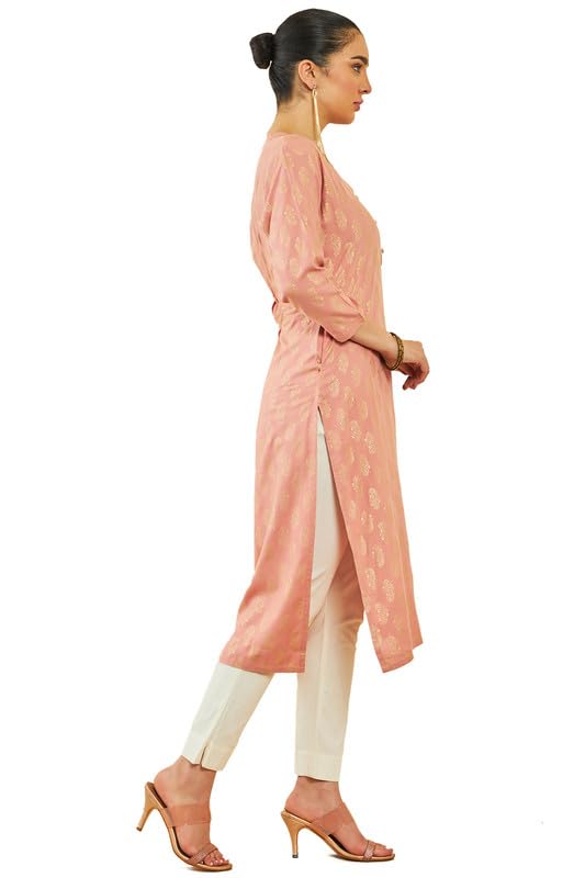 Image of Soch Womens Rayon Paisley Foil Print Straight Kurta with Pocket
