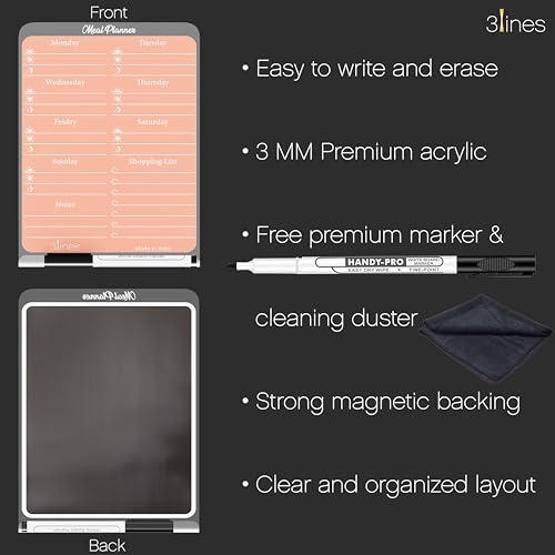 Image of 3 Lines ClearBite Acrylic Magnetic Meal Planner Board | Sleek & Durable | Includes Marker & Duster | 24x16 CM | Perfect for Meal Planning, Shopping Lists, Notes | Ideal for Home, Office | Apricot