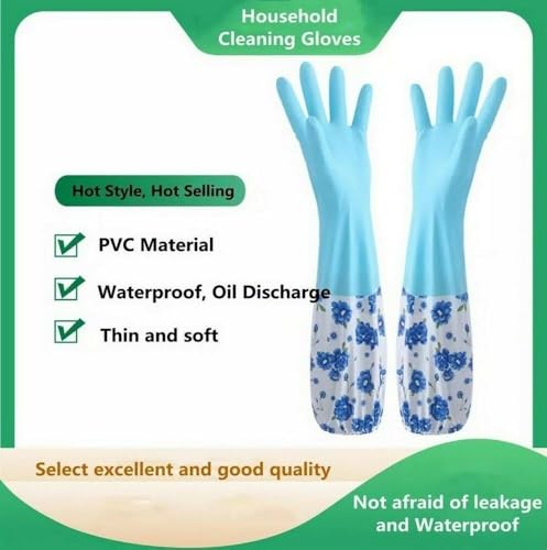 Image of GDNK Reusable Rubber Latex PVC Flock lined Long Sleeves elbow length Hand Gloves for Kitchen Dish-Washing, Cleaning Gloves (Pack of 2) (Blue + Pink)