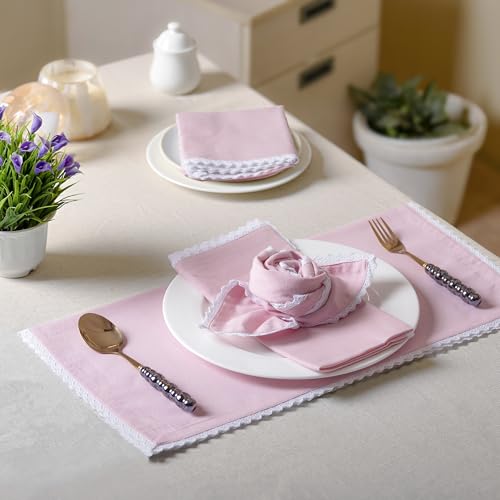 Image of FINGERCRAFT Lace Trim Cloth Napkins Set of 6, 20x20 Inch Cotton Linen Blend Dinner Napkins, Reusable Washable Table Napkins for Wedding, Farmhouse Dining, Parties & Home Decor (Pastel Pink)