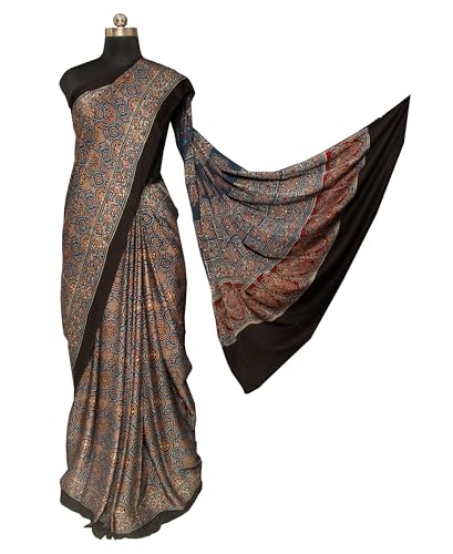 Image of Ethnics of Kutch Womenss Ajrakh Modal Silk Natural Dye Hand Block Print Saree with Blouse Piece - 5.5 Mtr Length