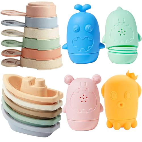 Image of Baby Bath Toys for Kids Ages 1-3, 15PCS Mold Free Bath Toys Toddlers 2-4, Bathtub Pool Water Table Toys, Silicone Bath Toy and Floating Boats & Stacking Spoons for Babies 6-12 Months