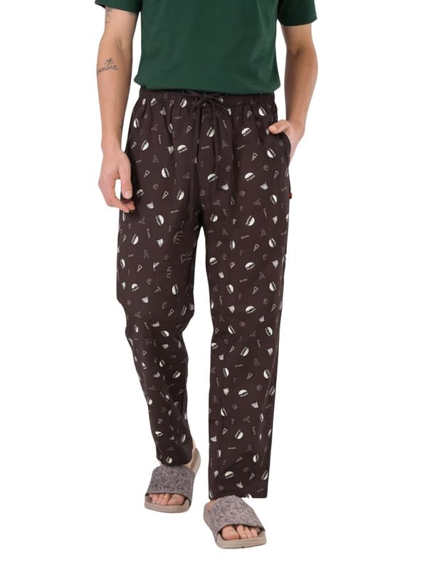 Men's 100% Cotton Lounge Pyjama Pants - Brown Printed | No Marks Elastic, Invisible Left Zipper Pocket, Dual Side Pockets, Drawcord | Night Pants, Lower for Men, Leisure Wear-image-31