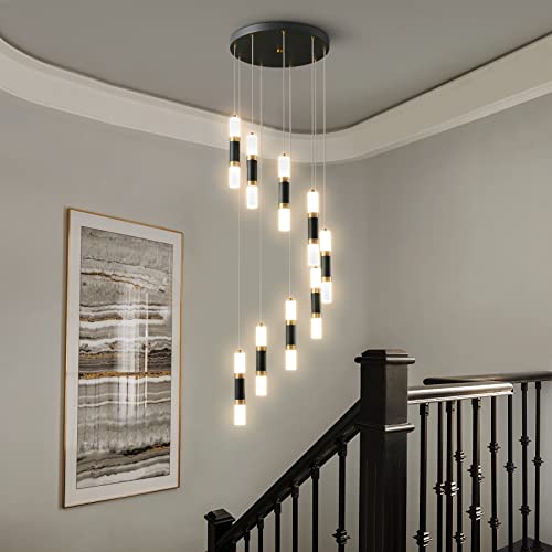 Image of 9-Light Chandelier LED 54W Dimmable Chandeliers for Entryway Pendant Light Fixture Chandeliers for Staircase Lobby Black Gold Lighting Modern High Ceiling Chandelier