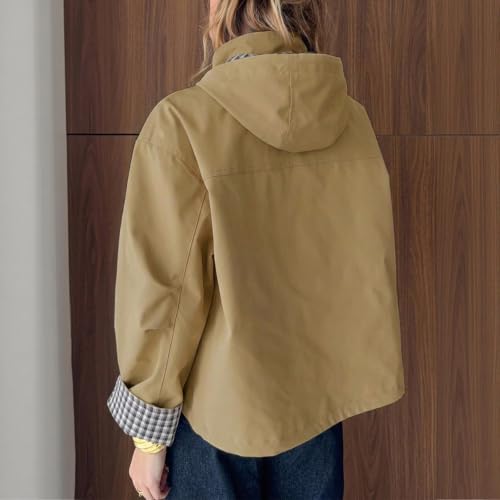 Cropped Trench Coat for Women Fall Rain Jacket with Detachable Plaid Hood - image 5
