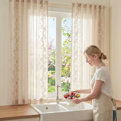 Image of jinchan Floral Linen Curtains, Back Tab 50x63 Inch, 2 Panels Beige