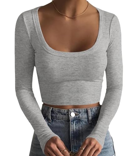 DUOEASE Top Mujer Acanalado Elegant Camiseta Manga Larga Mujer Cuello u Sólido Crop Top Otoño Gris-S