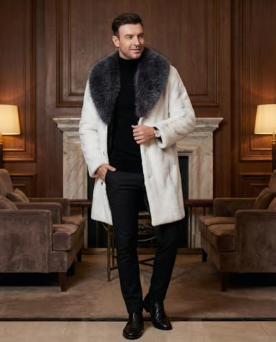 Image of Long Faux Fur Coat Outwear Black Winter Parka Overcoat for Men