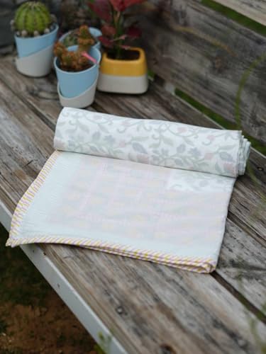 Image of Bagicha 100% Cotton Hand Block Floral Print Summer Muslin Dohar | 3-Layer Lightweight Reversible Blanket | Queen Bed Size A /c Comforter | Soft, Breathable, Quilt for Home, Bedroom (Multicolor)