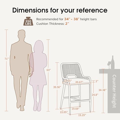 Image of PURPLE LEAF Counter Height Bar Stools Set of 2 Outdoor Bar Chair with Backrest and Footrest Cushions Included Modern Patio Metal Counter Stools
