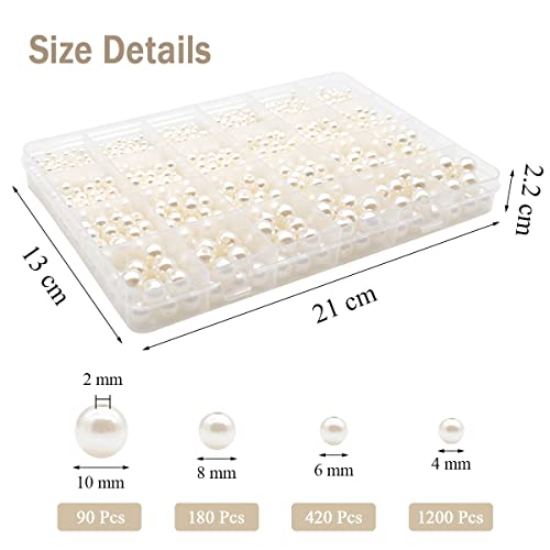 Glass Pearl Beads 1890 Pcs White Beads for Crafting 4/6/8/10mm Spacer Beads with Holes Round Plastic Beads for Jewellery Making DIY Bracelet Necklace Earring Knitting Decorations (White) - Image 2