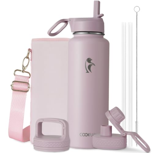 Image of Coolflask 40 oz Water Bottle Insulated with Straw & 3 Leakproof Lids