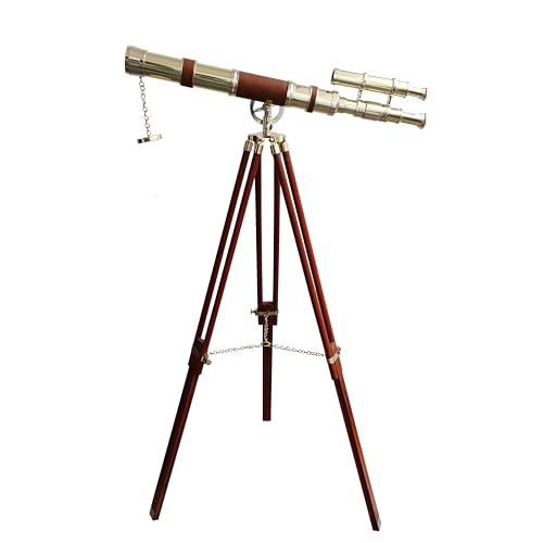 Navirock Vintage Shiny Brass Double Barrel Telescope Brown Leather Collectible Nautical Floor Standing Wooden Adjustable Tripod Maritime Ship Instrument Functional Telescopic