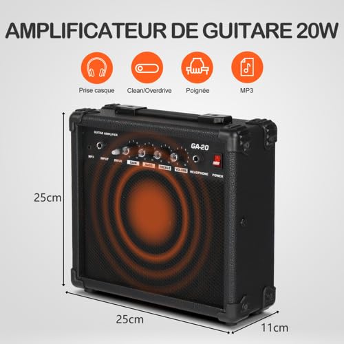 LALAHO Kit de Guitare Électrique en Forme de Flamme avec Amplificateur 20 Watts, Sac de Guitare, Courroie, Médiator pour Débutants et Guitaristes Professionnels