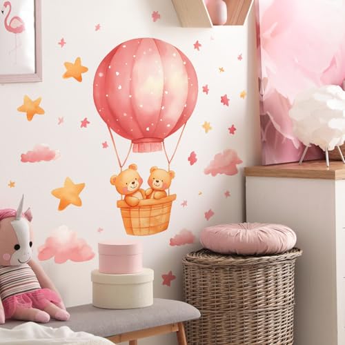 Vinilo decorativo infantil con osos y globo aerostático rosa miniatura 3