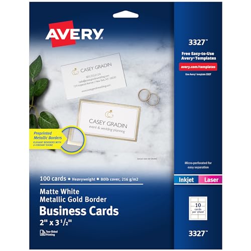 Avery Business Cards, Metallic Gold Borders, 2" x 3.5", 100 Total, Laser/Inkjet Printable Business Cards (3327) by Avery - Used condition - US$6.11