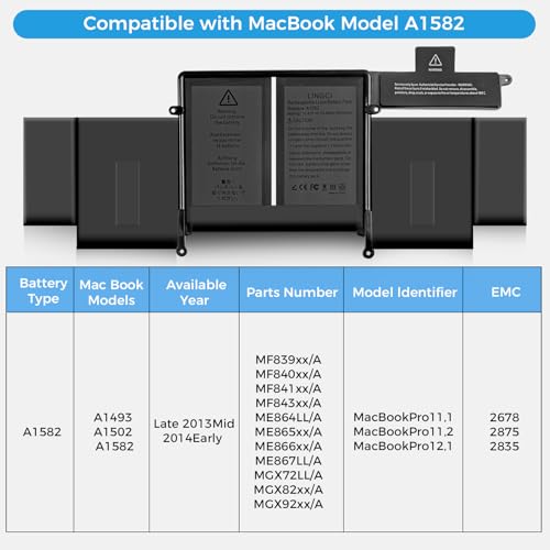 Image of A1502 Battery, A1582 A1493 Battery Replacement for MacBook Pro 13 Inch Retina A1502 (Mid 2014 Early 2015 Late 2013) (Upgraded High Performance 11.42V 74.9Wh 6559mAh Li-Polymer)