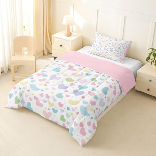 Image of Erosebridal Cute Heart Twin Comforter Set Valentine Love Heart Bedding Set for Kids Girls Rainbow Hand Drawn Style Comforter Cartoon Geometric Duvet Insert
