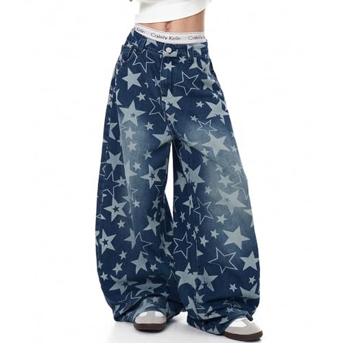 Y2K Retro Star Printed Washed Denim Jeans Suitable for Both Men and Women, Loose and Casual Wide Leg Pants3