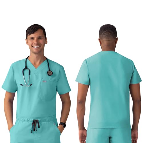 Cedar Men's Scrub Top - Sleek Tapered Fit, Modern V-Neck Healthcare Scrubs Top with 4 Pockets - 4-Way Stretch, Moisture-Wicking, Anti-Wrinkle Men Workwear Scrub Top - Surgical Green, Large