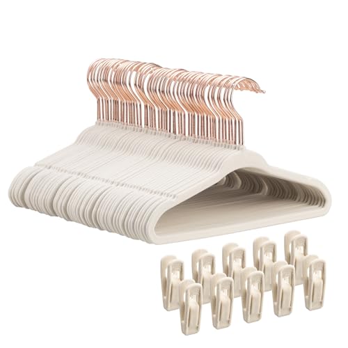 Image of Tonswachic 50-Pack 11 Inch Baby Closet Hangers with 10 Clips - Soft Velvet Non-Slip Hangers for Infant & Toddler Clothes (Beige)