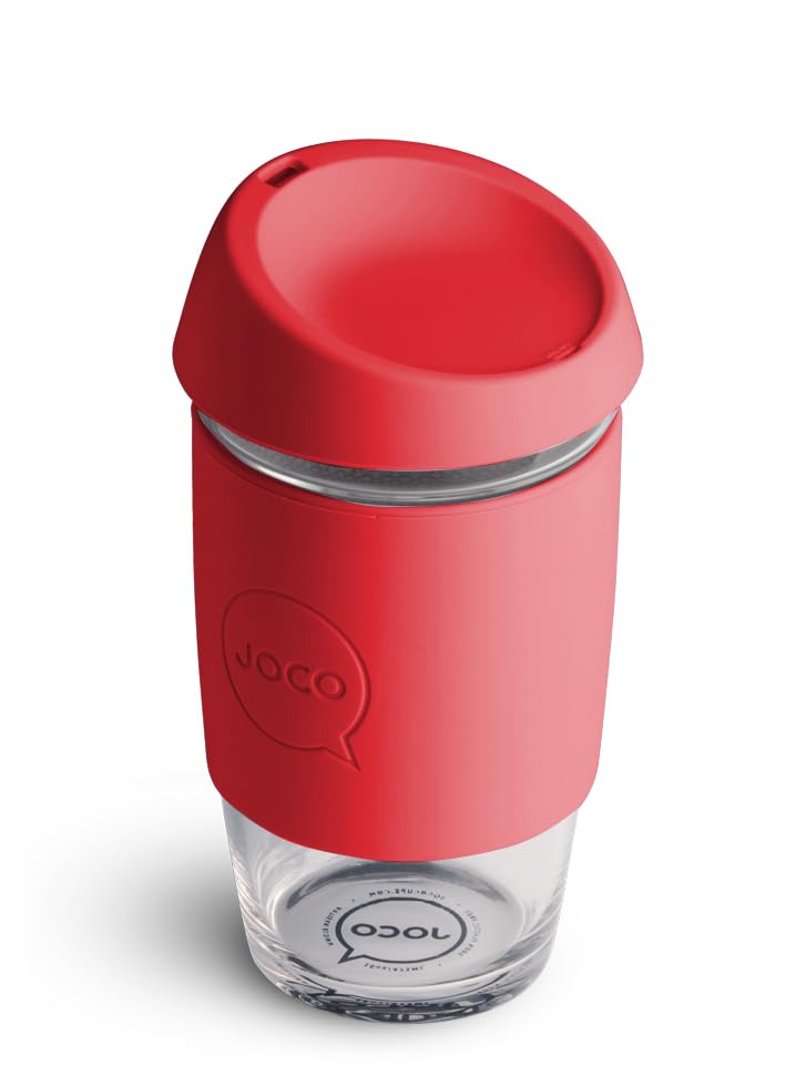 JOCO Reisefreundliche, umweltfreundliche Borosilikatglas-Kaffeetassen, wiederverwendbar, klassisch, mikrowellengeeignet, Reise-Kaffeetasse, 100 % plastikfrei, thermoschockresistent, Glasbecher (Rot
