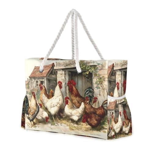 susiyo Vintage Chickens Rooster Beach Bags for Women Large Travel Tote Bag Waterproof Sandproof Lightweight Swim Pool Bag for Family Outdoor
