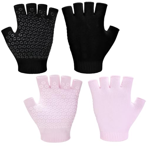 Eurzom 2 Pairs Non Slip Yoga Gloves for Women Fingerless Pilates Gloves with Grips for Yoga Fitness Workout Sports Exercise Gym(Black Light Pink)