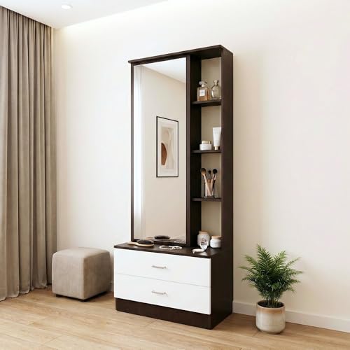 ESTANTERIA Dressing Table with Storage and Full Length Mirror for Bedrom Dresser 3 Self & 2 Drawer Cabinet Makeup Vanity Table Organiser Furniture for Home Living Room (White & Wenge)