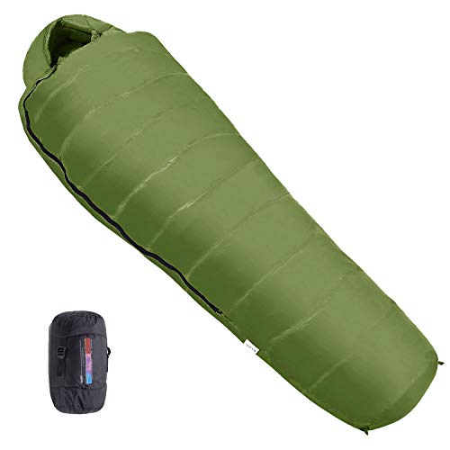 sopii ダウン寝袋 マミー型 コンパクト シュラフ 丸洗いできる オールシーズン コンプレッションベルト付き (カーキ, 600g)