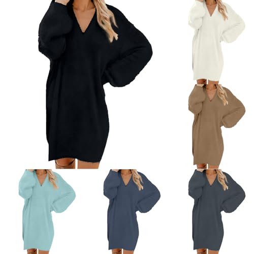 Strickkleid Damen, Oversize Pullover Kleider Elegante Strickpullover Knielang Longpullover Langarm Pulloverkleid V-Ausschnitt Winterkleider Locker...