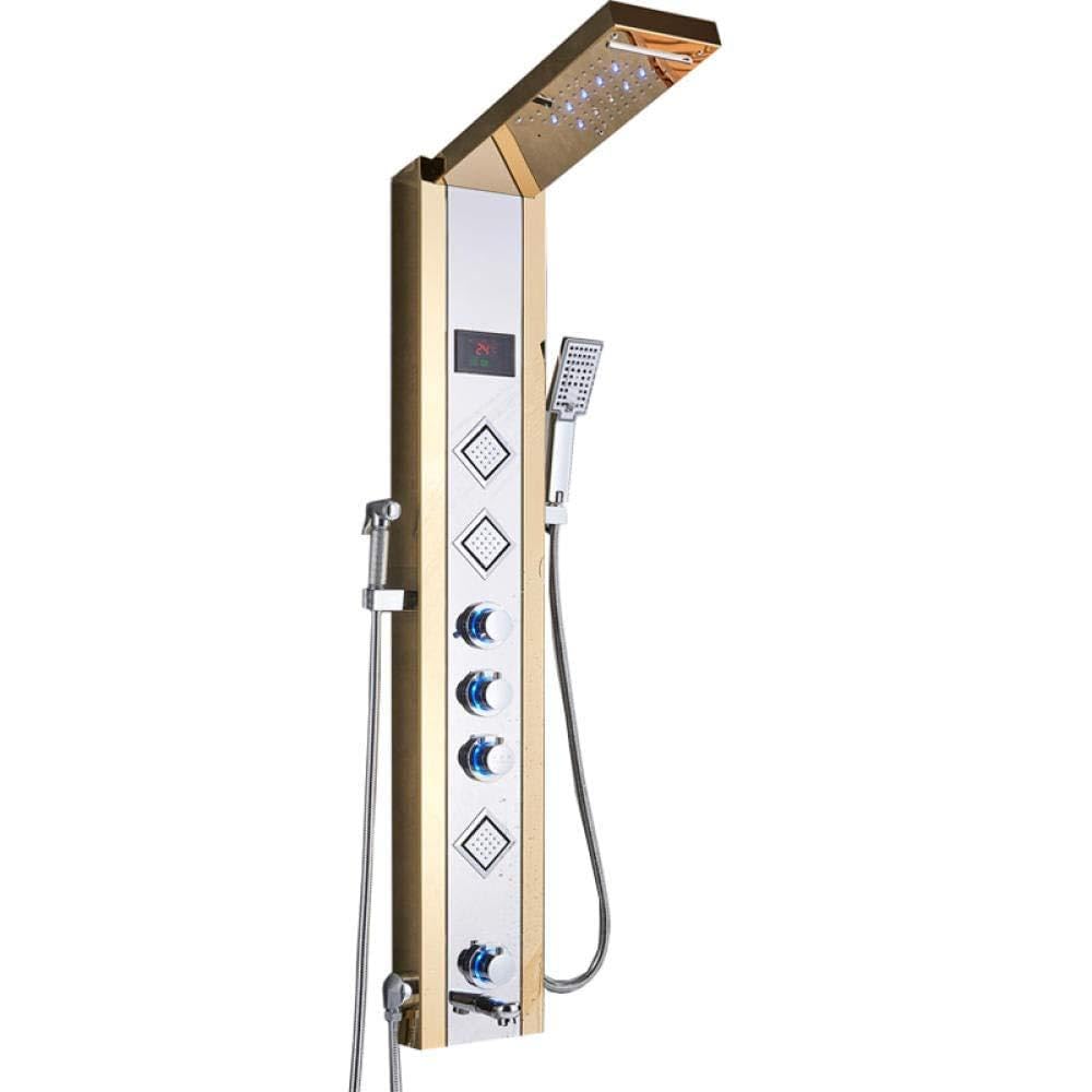 ASerZenith Stainless Steel Shower Set Faucet LED Thermostatic Shower Panel Multi-Function 6 Water OutletS Jet and Bidet Shower Mixer(Titanium Gold)