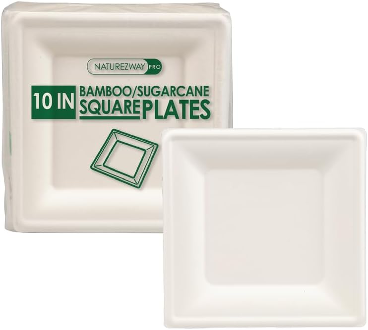 NatureZway presents 125-Pack of 10" Bamboo & Sugarcane Square Plates: Freezer, Microwave Safe, Heat Resistant. Elevate your eco-conscious dining with sustainable, versatile serveware.