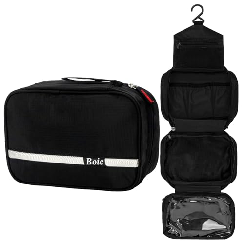 Boic Neceser Colgante De Viaje Grande, Bolsa De Aseo Hombre Impermeable con 4 Compartimentos Bolsa De Aseo con Gancho Colgante Plegable para Hombre Y Mujer Accesorios De Viaje (L,Negro)