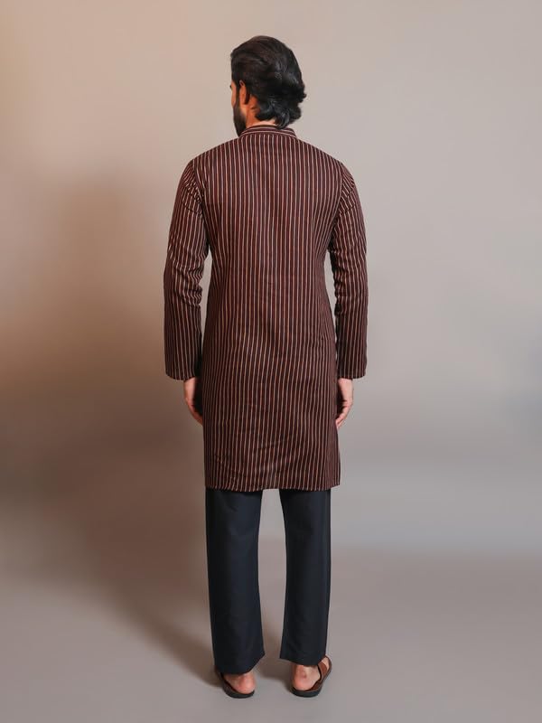 Image of Vastraa Fusion Men's Printed Kurta Pure Cotton Long Kurta, Round Collar, Full Sleeves, Button Kurta, Ethnic Wear