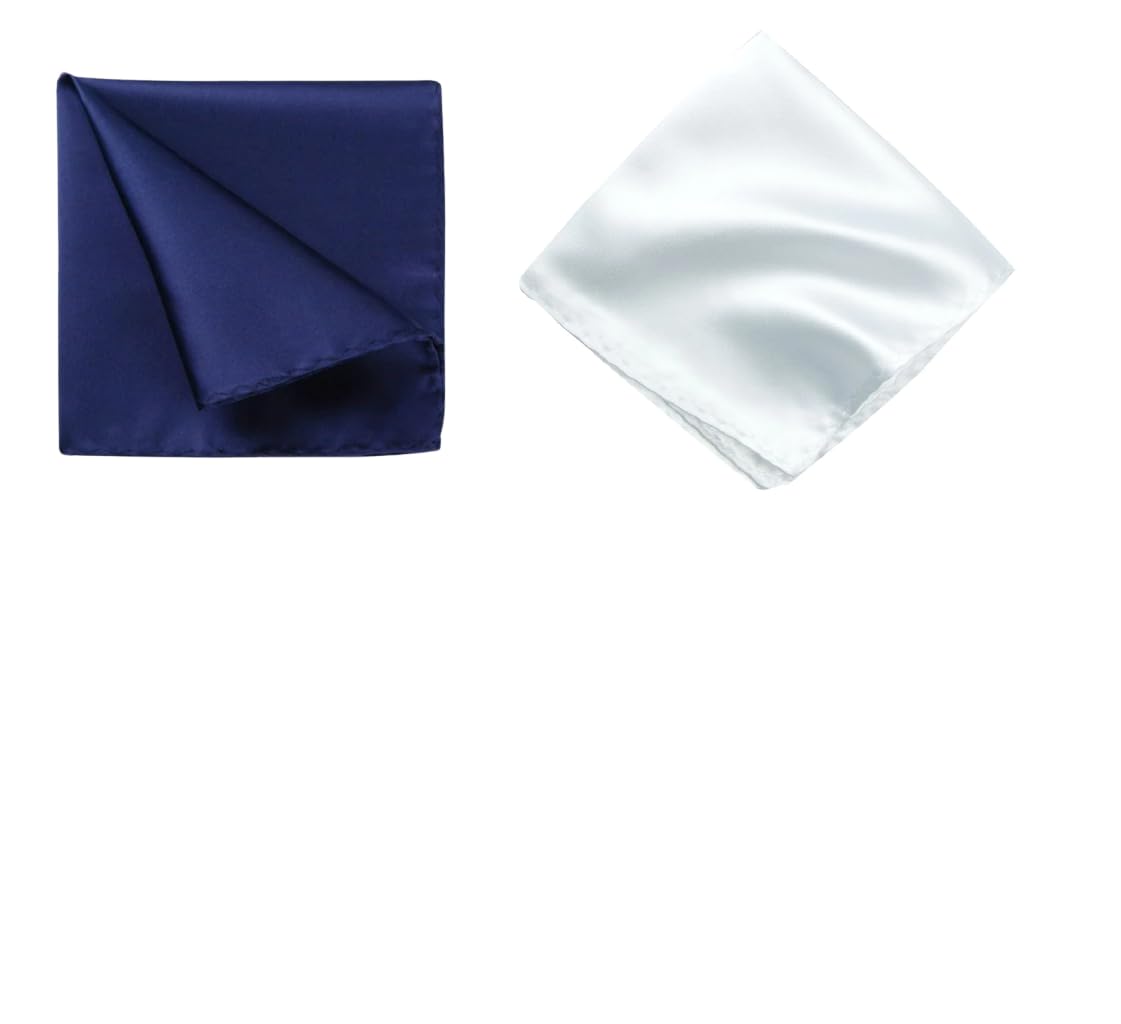 Men's Pocket Square Set – Navy Blue & White (Pack of 2) | 10x10 inch Satin Handkerchief for Suit, Blazer, Sherwani, Tuxedo