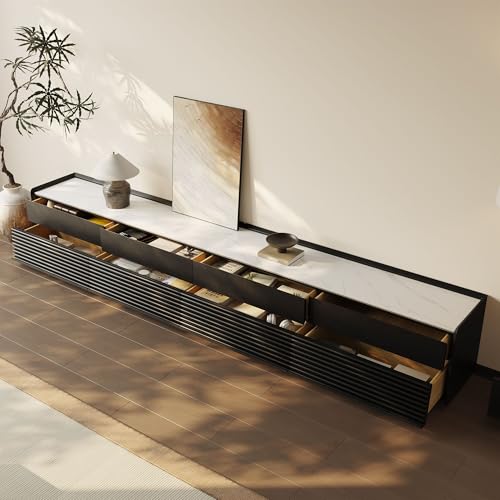 Image of POVISON Fully-Assembled Mid Century Glossy Sintered Stone TV Stand, 118.11 inch Wood Media Console with Adjustable LED Light, Entertainment Center with Storage for Living Room(Black)