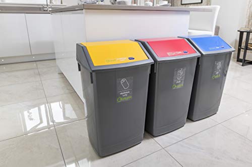 Addis Set of 3 Recycling 60 Litre Waste Utility Office Business Commercial Bins with Colour Coded Swing Lids, Grey with Red, Blue & Yellow, 3 x 60 - Image 2
