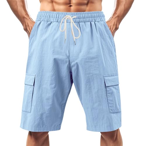 Image of Mens Linen Shorts Casual Drawstring Elastic Waist Cargo Vacation Lightweight Breathable Summer Beach Shorts for Men