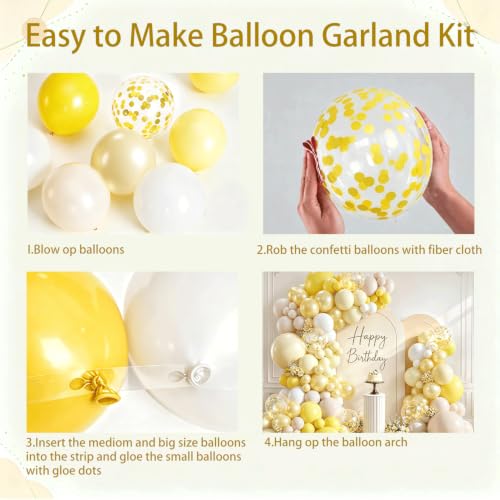 Image of Yellow and White Balloons Arch Kit Double Stuffed,Party Decor. | Light Pastel Pearl Yellow White Sand Confetti Balloons Latex, for Baby Shower Birthday Wedding Lemon Summer Decoration.