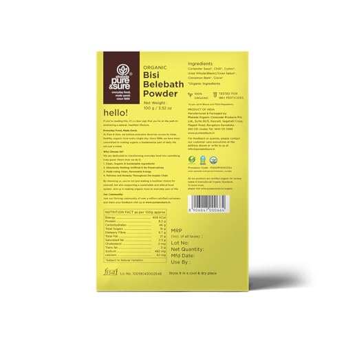 Image of Pure & Sure Organic Bisi Belebath Powder 300G | 100% Authentic South Indian Aromatic Rasam Flavor | Ready to Use, Instant Mix | Chemical Free & Pesticides Free (100g x Pack of 3)