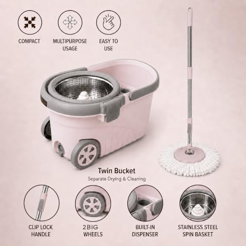 Image of Novita Premium 360 Spin Mop Bucket Set | Steel Jali with Heavy Smart System | Easy Rinse | Telescopic Microfiber Mop & Soap Dispenser |1+1 Refill | Pocha | Big Wheels | Removes Over 99%* Bacteria