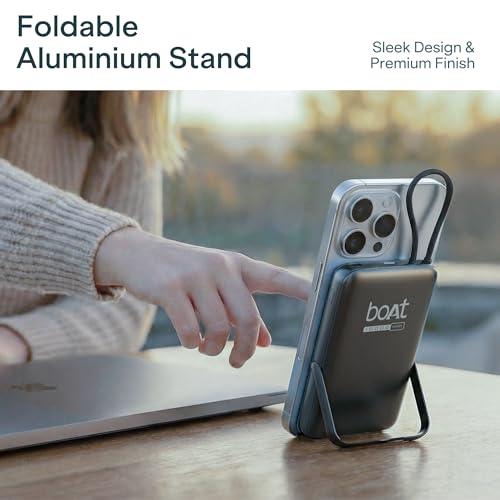 Image of Boat Qi2 Certified PB330 Pro Magsafe 10000mAh Power Bank,15W Wireless Fast Charging, Digital Display, Built-in Retractable Stand & Cable for iPhone 15 /16 /17 /Pro /Max /Air /S25 /Ultra /Pixel (Ash Black)