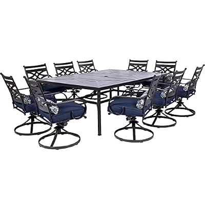 Hanover Montclair 11-Piece Patio Dining Set with 10 Swivel Rocker Chairs, Accent Lumbar Pillows and 84"x60" Steel Stamped Rectangular Table, Large Outdoor Patio Dining Set for 10, Navy Blue
