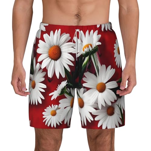 Men's Red Flower and White Daisy Print Quick-Dry Mesh Swim Trunks Stretch Lining Beach Shorts Surfing Summer Vacations2