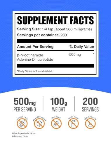 Image of BulkSupplements.com NAD Powder - Nicotinamide Adenine Dinucleotide, NAD Supplement 500mg - for Energy Support, Pure & Gluten Free, 500mg per Serving, 100g (3.5 oz) (Pack of 1)