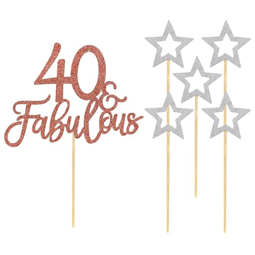 3 insertos para tartas para 40 cumpleaños, 5 piezas de estrella plateada, accesorios de decoración para tartas para mujeres, 40 accesorios de decoración de fiestas (oro rosa)