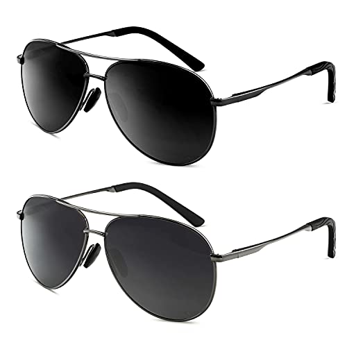 Aviator Sunglasses for Men Women Polarized Shades UV Protection, Ultra Sturdy Classic Police Sunglasses for Men, Pilot Sunglasses Men 2 Packs (Black/Black)